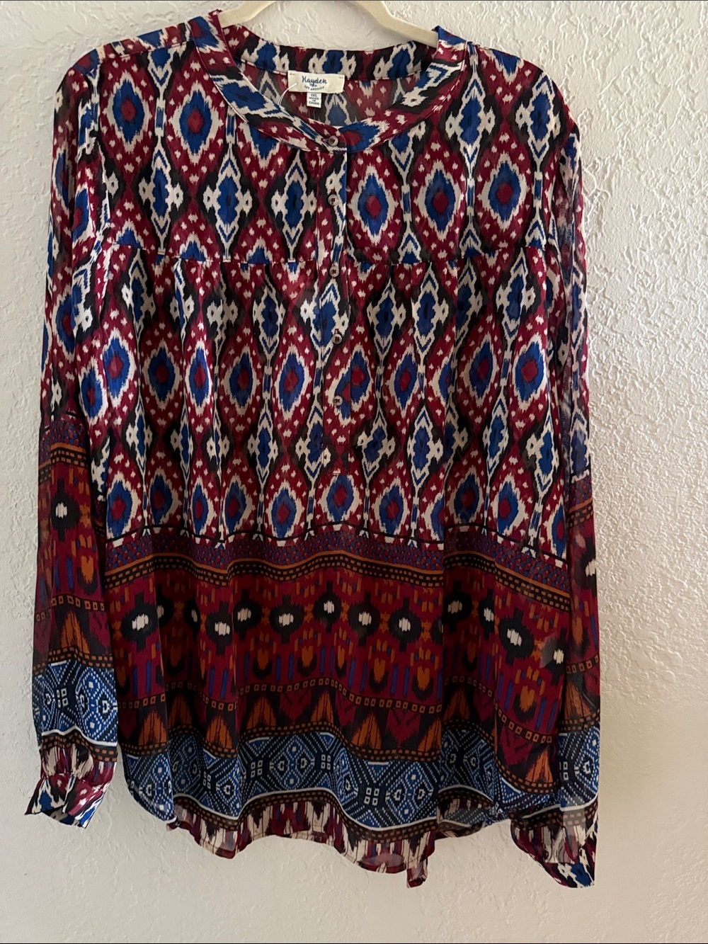 Hayden Chiffon 1XL button 3/4 down Maroon, Blue & White Printed Top New
